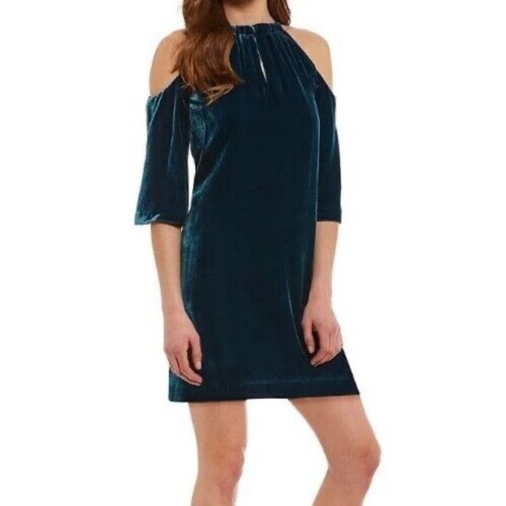 TRINA TURK Dark Teal VELVET/VELOUR Tie Neckline COCKTAIL A-Line EDEN DRESS Sz 14
